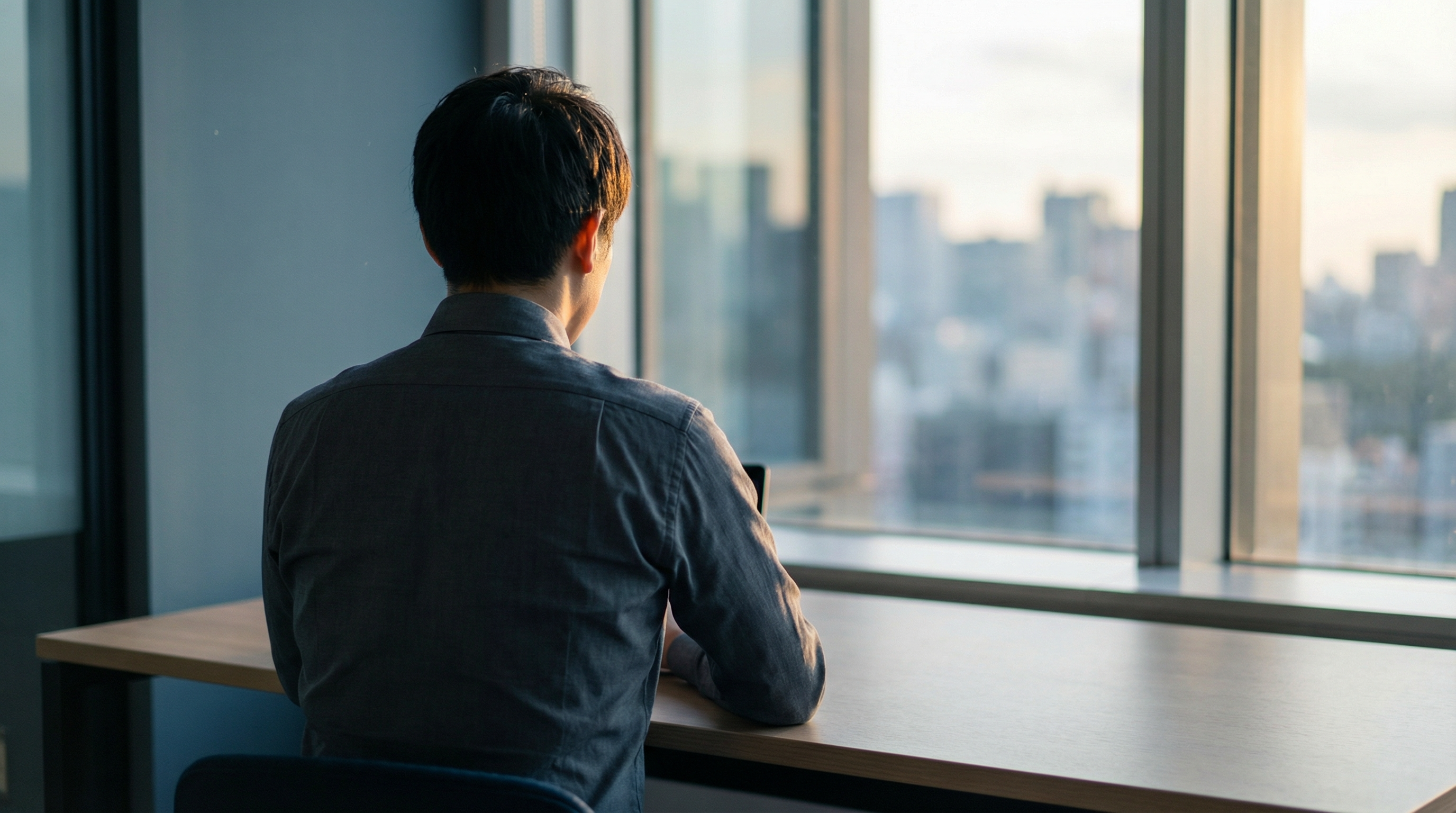 オフィスで一人デスクに向かうビジネスパーソンの後ろ姿